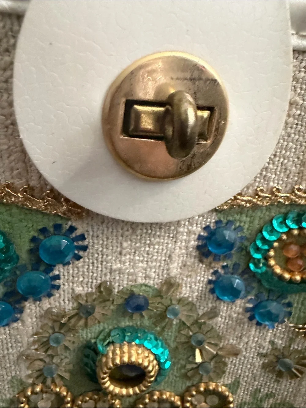Embroidered White Tote with Teal and Gold Accents